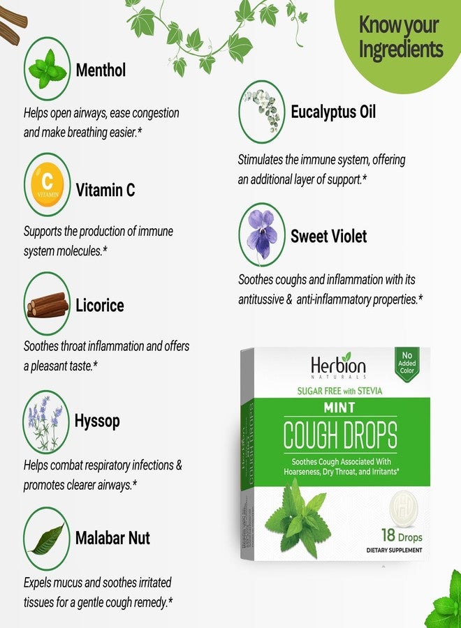 HERBION Naturals Cough Drops, Sugar-Free with Stevia, Dietary Supplement, Soothes Cough, for Adults & Children Over 6 Years, 18 Drops Each, 108 Count, Mint, Pack of 6 - Image 3